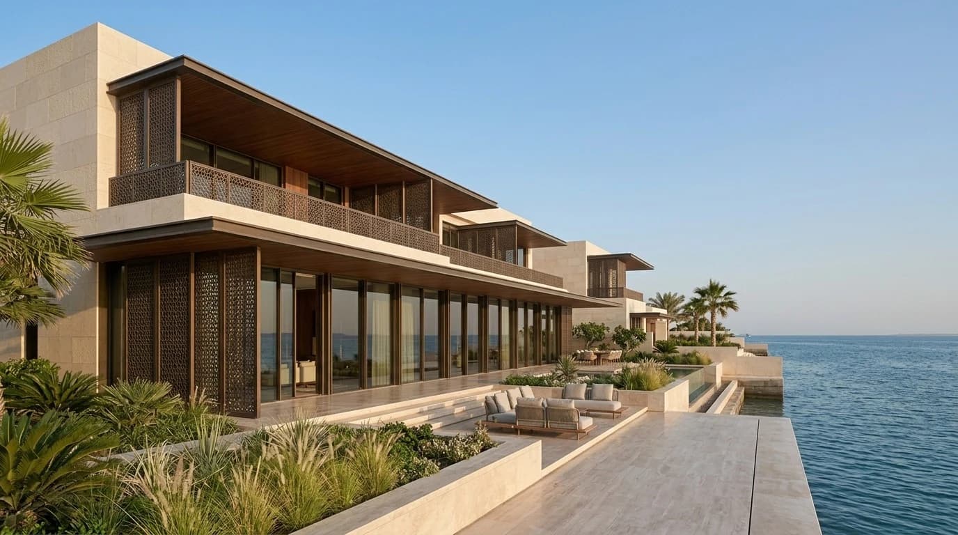Contemporary coastal villa with layered terraces facing the Gulf